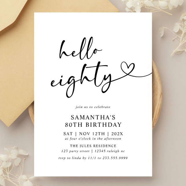 Hello Eighty Black and White 80th Birthday Party Invitation (Creator Uploaded)