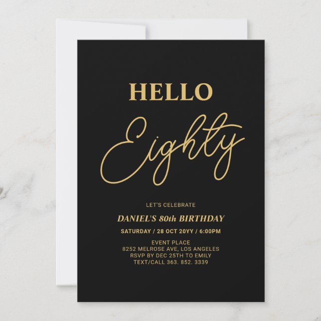 Hello Eighty | Gold & Black 80th Birthday Party Invitation (Front)