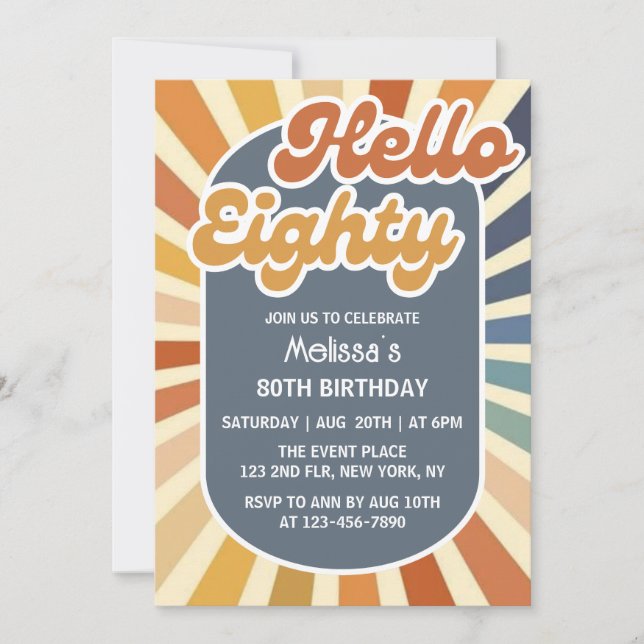 Hello Eighty Retro Sun Groovy Wave 80th Birthday Invitation (Front)