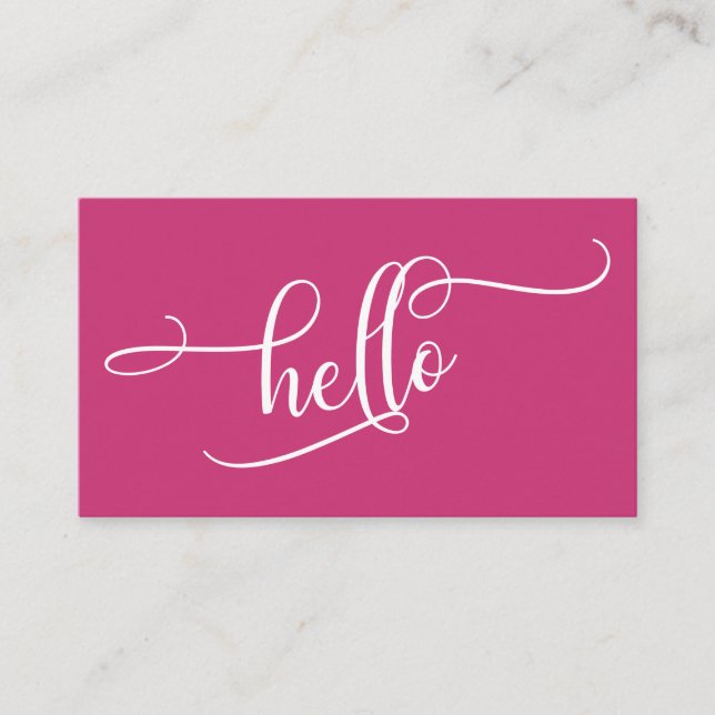 Hello Elaborate Script Typography Over Magenta Business Card (Front)
