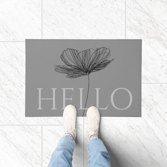 Hello Elegant Floral Line Drawing Cute Chic Grey Doormat (Indoor)