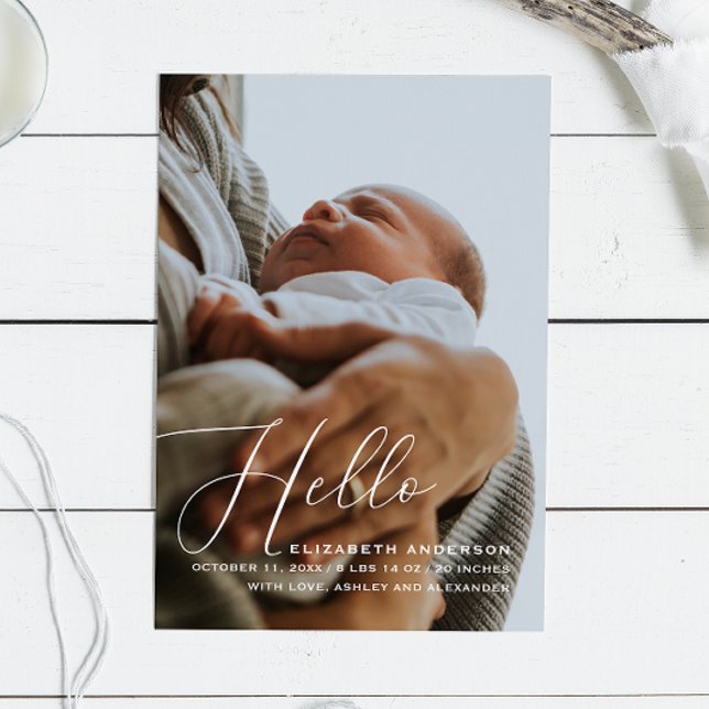 Hello. Elegant minimalist script calligraphy birth Announcement (Creator Uploaded)