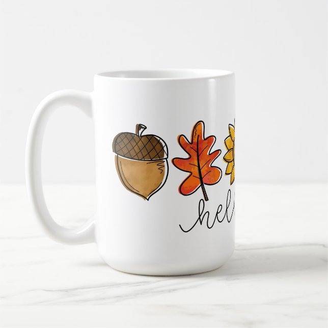 Hello Fall Acorn Sunflower Leaves & Pumpkin Coffee Mug (Left)