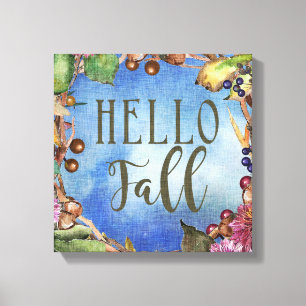 Hello Fall   Acorns, Leaves Wreath Canvas Print