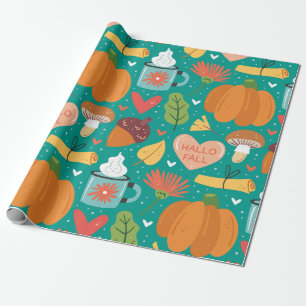 Hello Fall Adorable nature pattern Pumpkins Blue Wrapping Paper