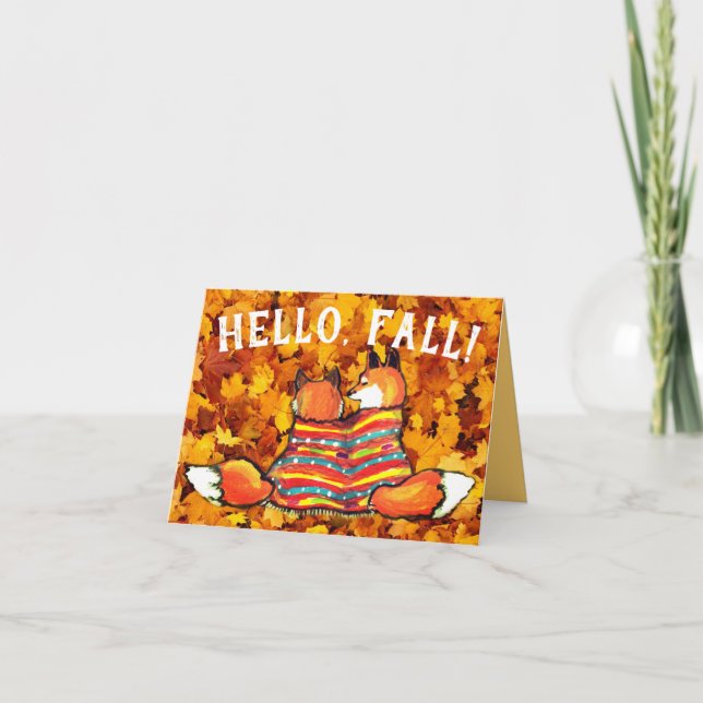 Hello Fall Autumn Fox Friends Yellow Leaves Quote Card (Front)