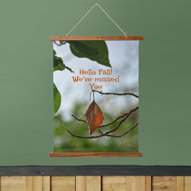 Hello Fall Autumn Leaf among Green Leaves Hanging Tapestry (Creator Uploaded)
