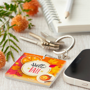 Hello Fall Autumn Leaves and Pumpkin Pie  Key Ring