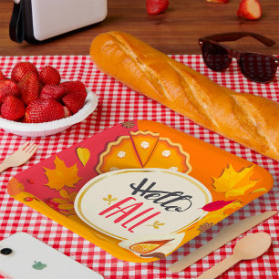 Hello Fall Autumn Leaves and Pumpkin Pie Paper Plate