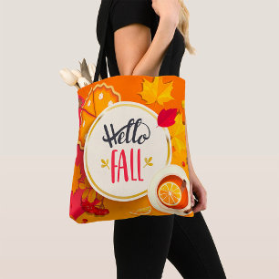 Hello Fall Autumn Leaves and Pumpkin Pie  Tote Bag