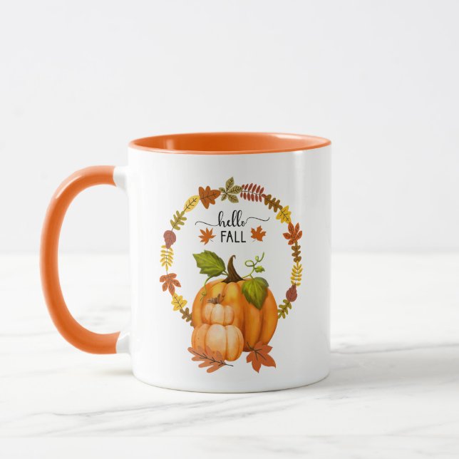 Hello Fall Autumn Leaves and Pumpkins Ceramic Mug (Left)