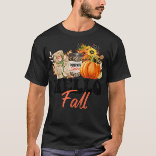 Hello Fall Autumn Leaves Leopard Pumpkin Season Th T-Shirt