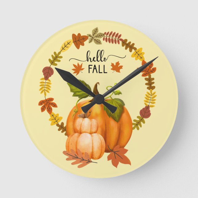 Hello Fall Autumn Leaves Pumpkins Wall Clock (Front)
