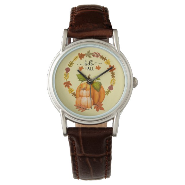 Hello Fall Autumn Leaves Pumpkins Watch (Front)