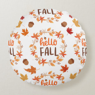 Hello Fall Autumn Leaves Seamless Pattern Round Cushion
