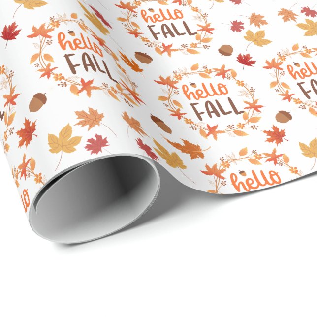Hello Fall Autumn Leaves Seamless Pattern Wrapping Paper (Roll Corner)