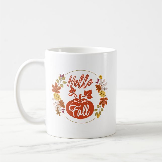 Hello Fall Autumn Leaves with pumpkin Coffee Mug (Left)