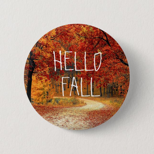 Hello Fall Autumn Pretty Leaves Button (Front)