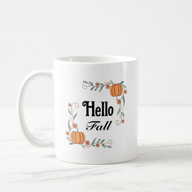 Hello Fall Autumn Pumpkins with Leaves Rustic Cute Coffee Mug (Left)