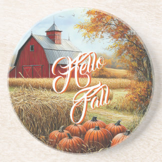 Hello Fall Autumn Thanksgiving Rural Barn Pumpkins Coaster