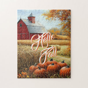 Hello Fall Autumn Thanksgiving Rural Barn Pumpkins Jigsaw Puzzle