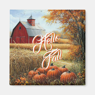 Hello Fall Autumn Thanksgiving Rural Barn Pumpkins Magnet