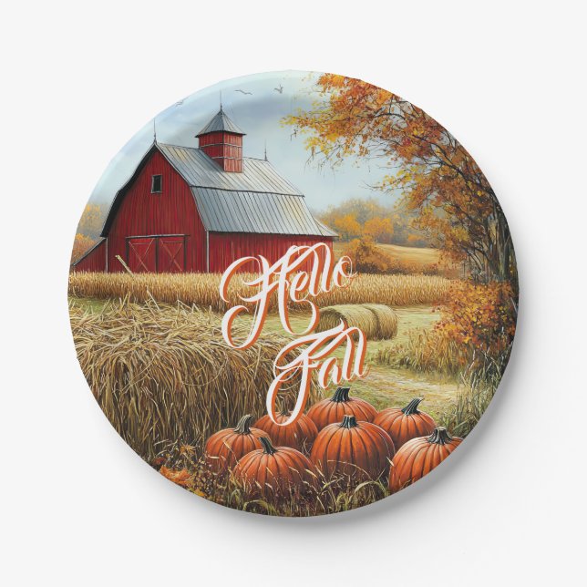 Hello Fall Autumn Thanksgiving Rural Barn Pumpkins Paper Plate (Front)