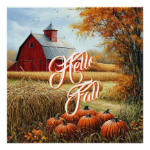 Hello Fall Autumn Thanksgiving Rural Barn Pumpkins