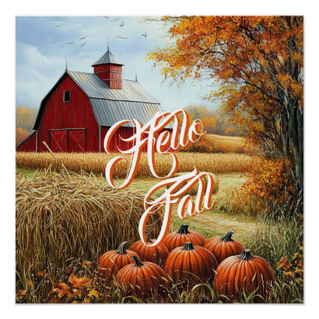 Hello Fall Autumn Thanksgiving Rural Barn Pumpkins Poster (Front)