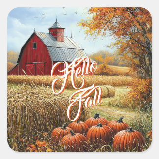 Hello Fall Autumn Thanksgiving Rural Barn Pumpkins Square Sticker