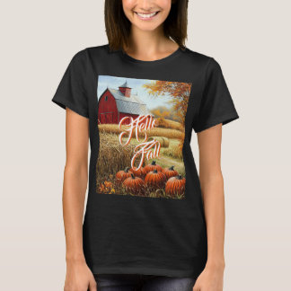 Hello Fall Autumn Thanksgiving Rural Barn Pumpkins T-Shirt