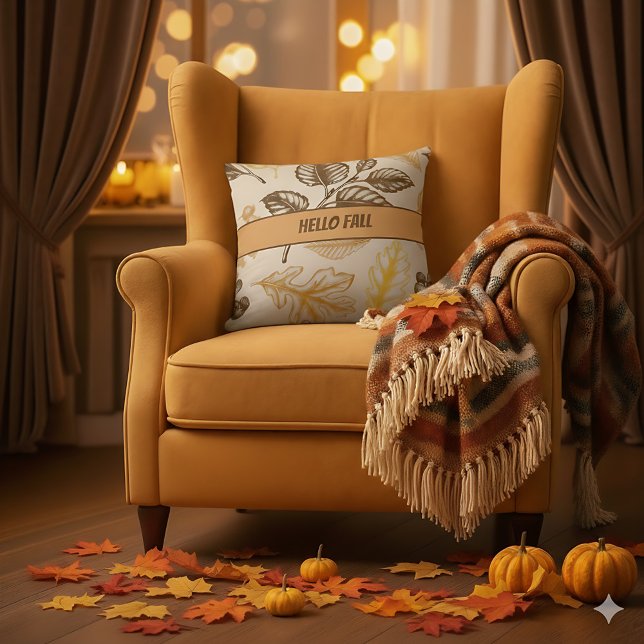 Hello Fall Brown Orange Leaves - Farmhouse Autumn  Cushion (Rustic fall décor pillow featuring bold autumn leaves for farmhouse charm.)