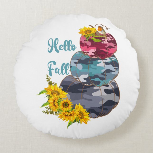 Hello Fall – Camouflage Pumpkins & Sunflowers Round Cushion (Front)