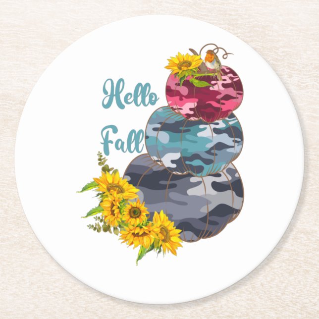 Hello Fall – Camouflage Pumpkins & Sunflowers Round Paper Coaster (Front)