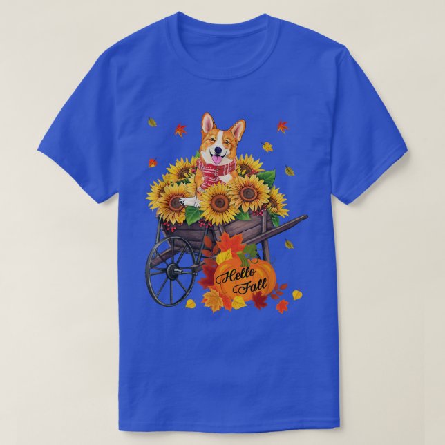 Hello Fall Corgi Dog In Sunflowers Leaves Autumn  T-Shirt (Design Front)