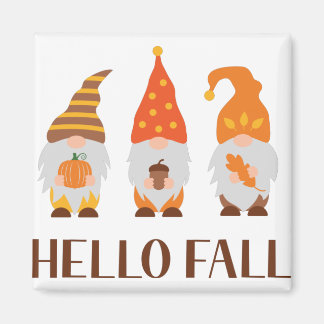 Hello Fall. Cute cartoon autumn gnomes. Magnet