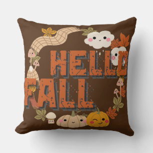 Hello Fall Cute Nature Autumn leaves Pumpkins Cushion
