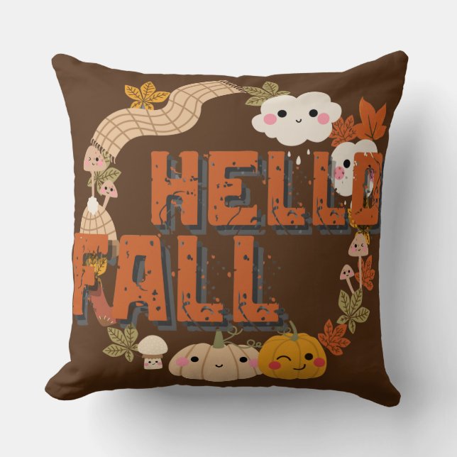 Hello Fall Cute Nature Autumn leaves Pumpkins Cushion (Front)