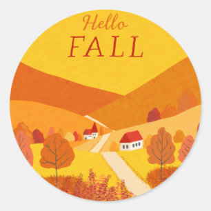 Hello Fall Cute Rustic Autumn Landscape Classic Round Sticker