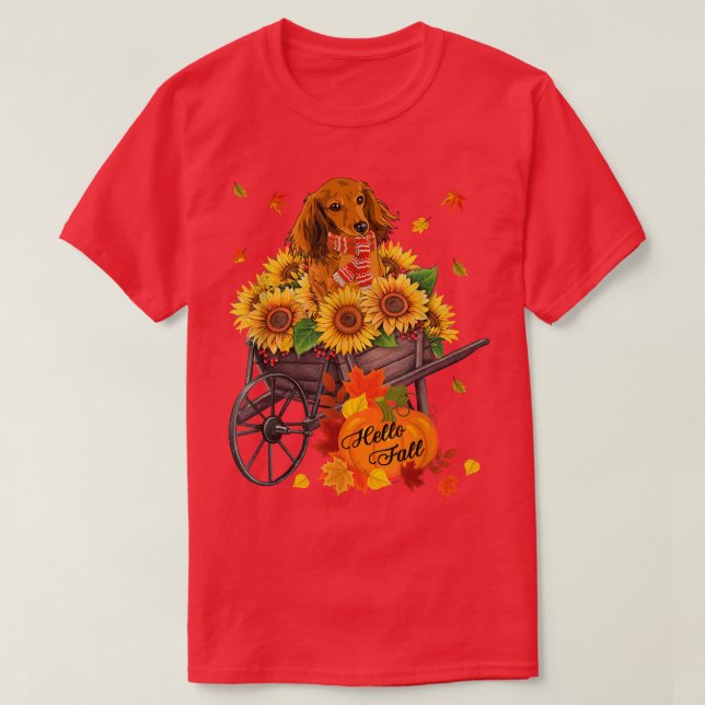Hello Fall Dachshund Dog In Sunflowers Leaves Autu T-Shirt (Design Front)