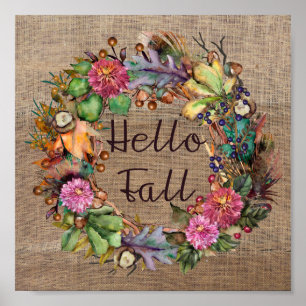 Hello Fall Fall Flowers Watercolor and Burlap Poster