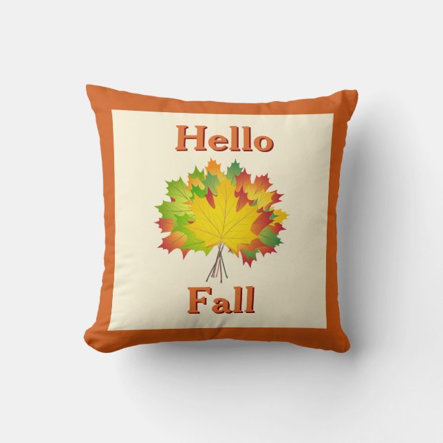 Hello Fall Farmhouse with Colourful Autumn Leaves Cushion (Front)