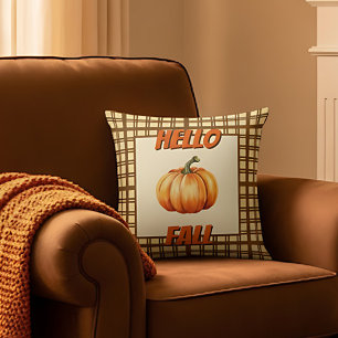 Hello Fall Farmhouse with Pumpkin and Plaid Des Cushion