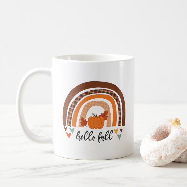 Hello Fall Fun Pumpkin And Rainbow  Coffee Mug (With Donut)