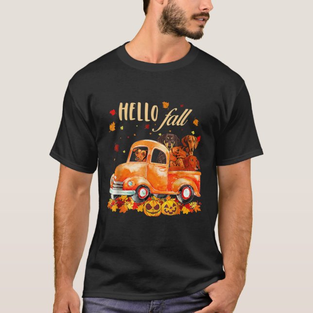 Hello Fall Funny Dachshund  Halloween pumkin  T-Shirt (Front)