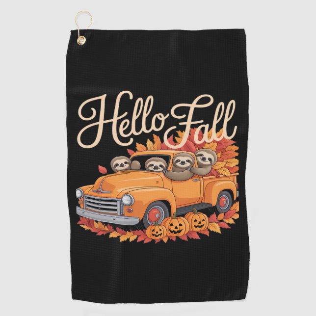 Hello Fall Funny Sloth Halloween pumkin Classic T- Golf Towel (Front)