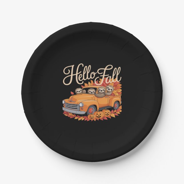 Hello Fall Funny Sloth Halloween pumkin Classic T- Paper Plate (Front)