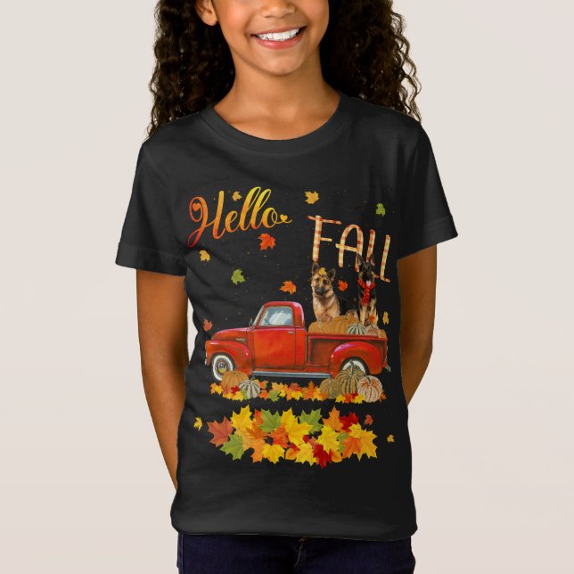 Hello Fall German Shepherd Leaf Autumn Red Truck D T-Shirt (Front)