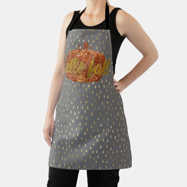 Hello Fall Glitter Pumpkin + Metallic Gold & Grey Apron (Insitu)