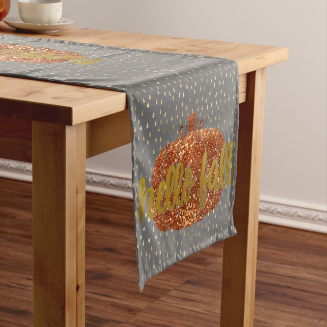 Hello Fall Glitter Pumpkin + Metallic Gold & Grey Short Table Runner (In Situ)